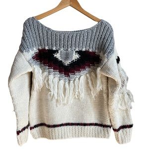Current Elliott Rosemary Fringed Intarsia Hand Knit Sweater Size Small Wool